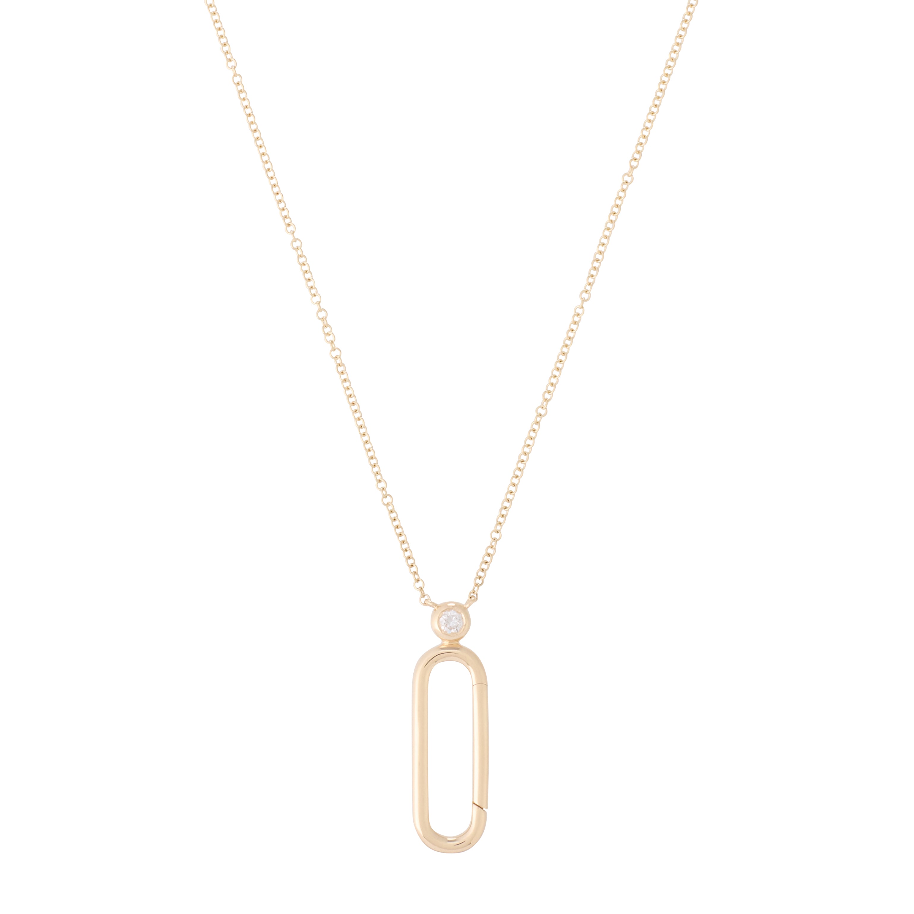 Bezel Diamond and Solid Gold Single Paper Clip Link Carabiner Necklace