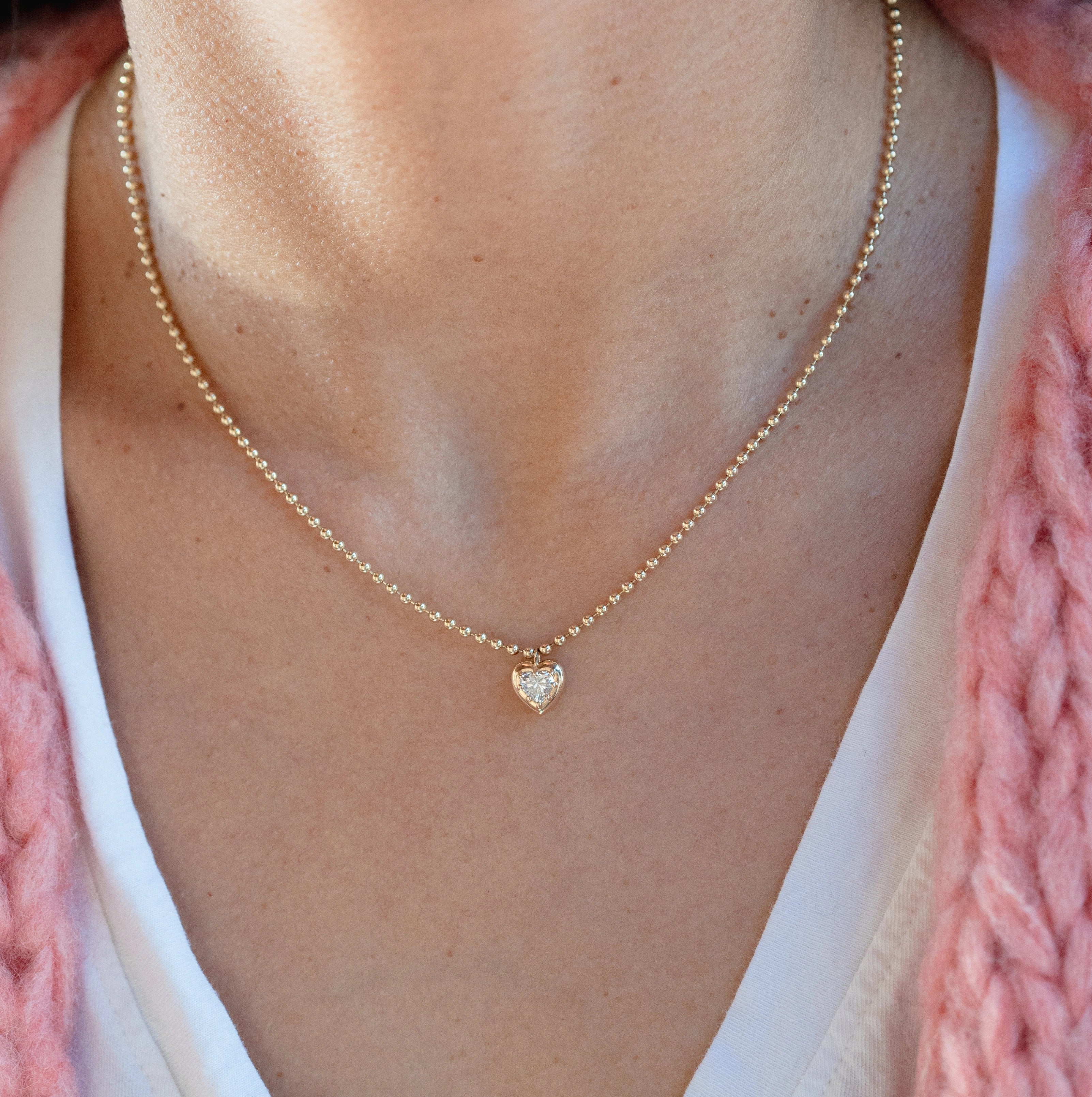 Bezel Set Heart Diamond Ball Chain Necklace